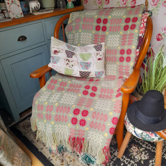 Vintage Welsh Tapestry Blanket in Sage Green, Raspberry Pink, Yellow & White King Size