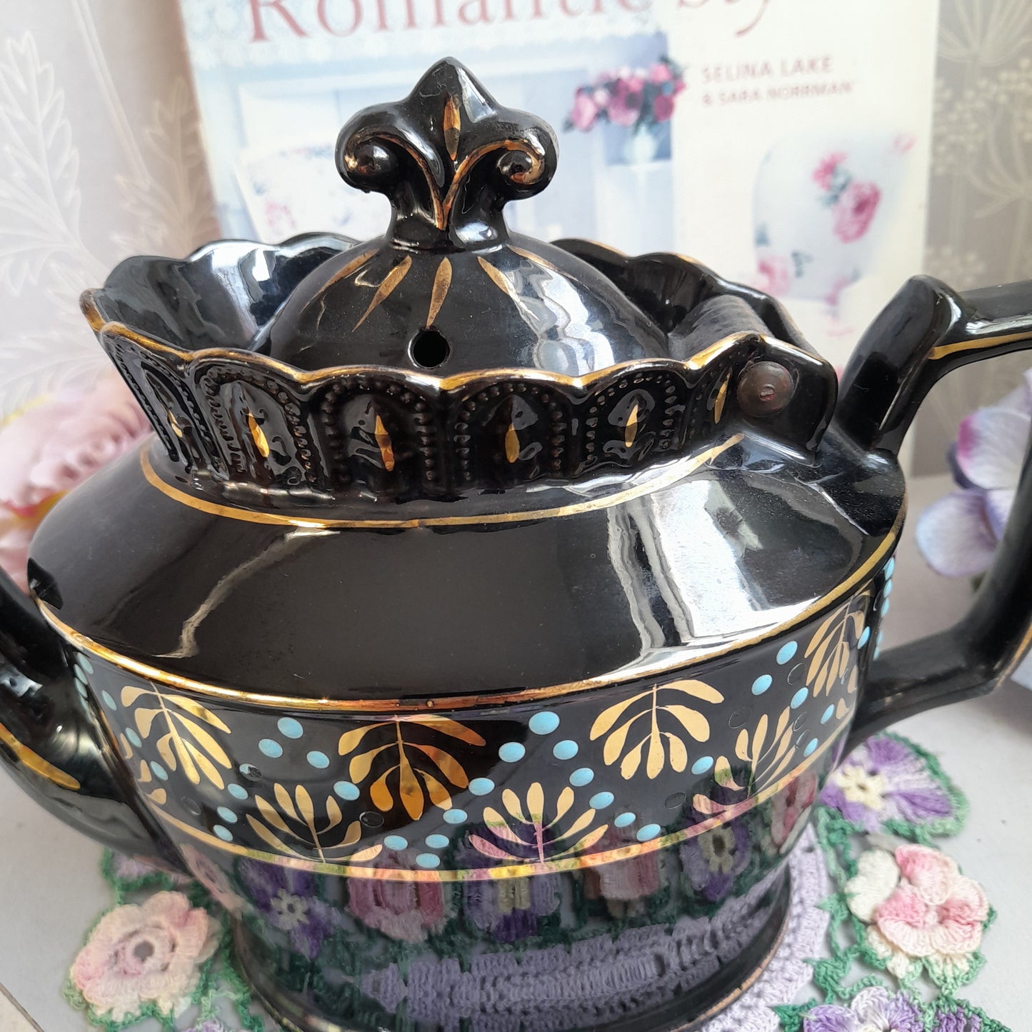 Antique Victorian Jackfield Black Handpainted Jet Ware Teapot With Hinged Lid Unused