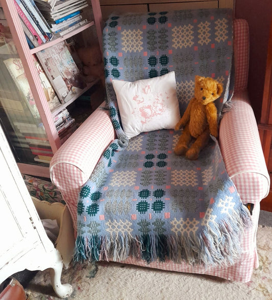 Vintage Welsh Tapestry Blanket in Pale Blue Green White & a Pop of Pink King Size by Derw Mill