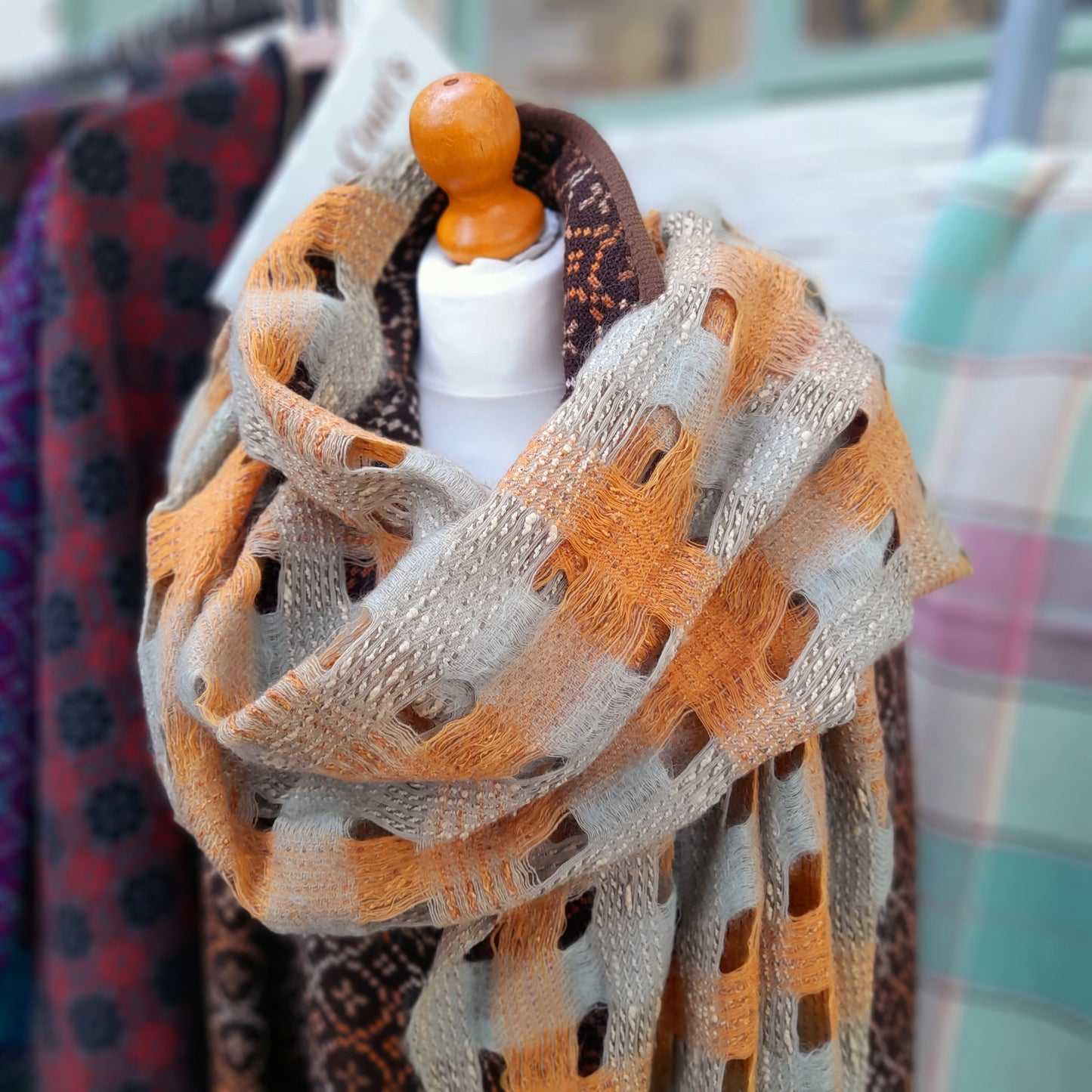 Sioni Rhys Handwoven Wool Wrap/Shawl in Burnt Orange & Sage Green
