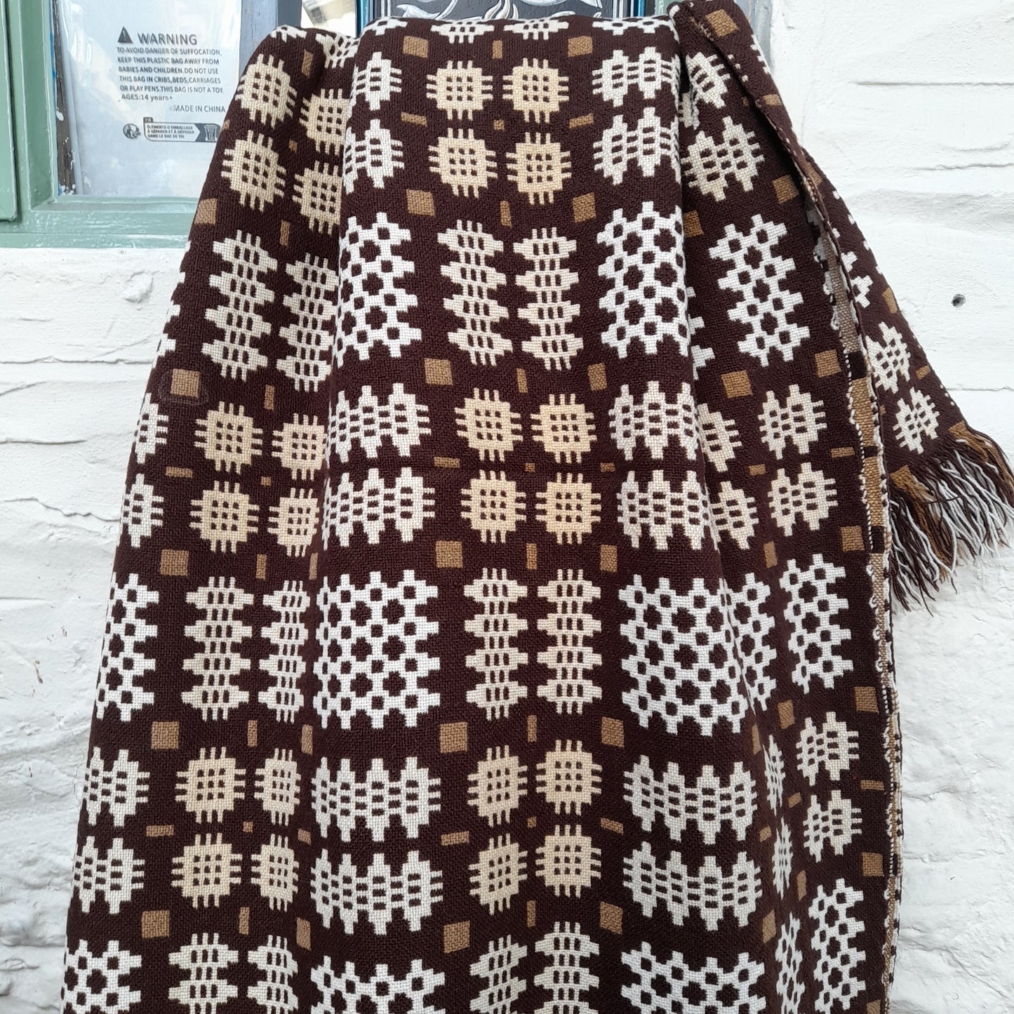 PAIR of Vintage Welsh Tapestry Blanket in Chocolate Brown & Cream