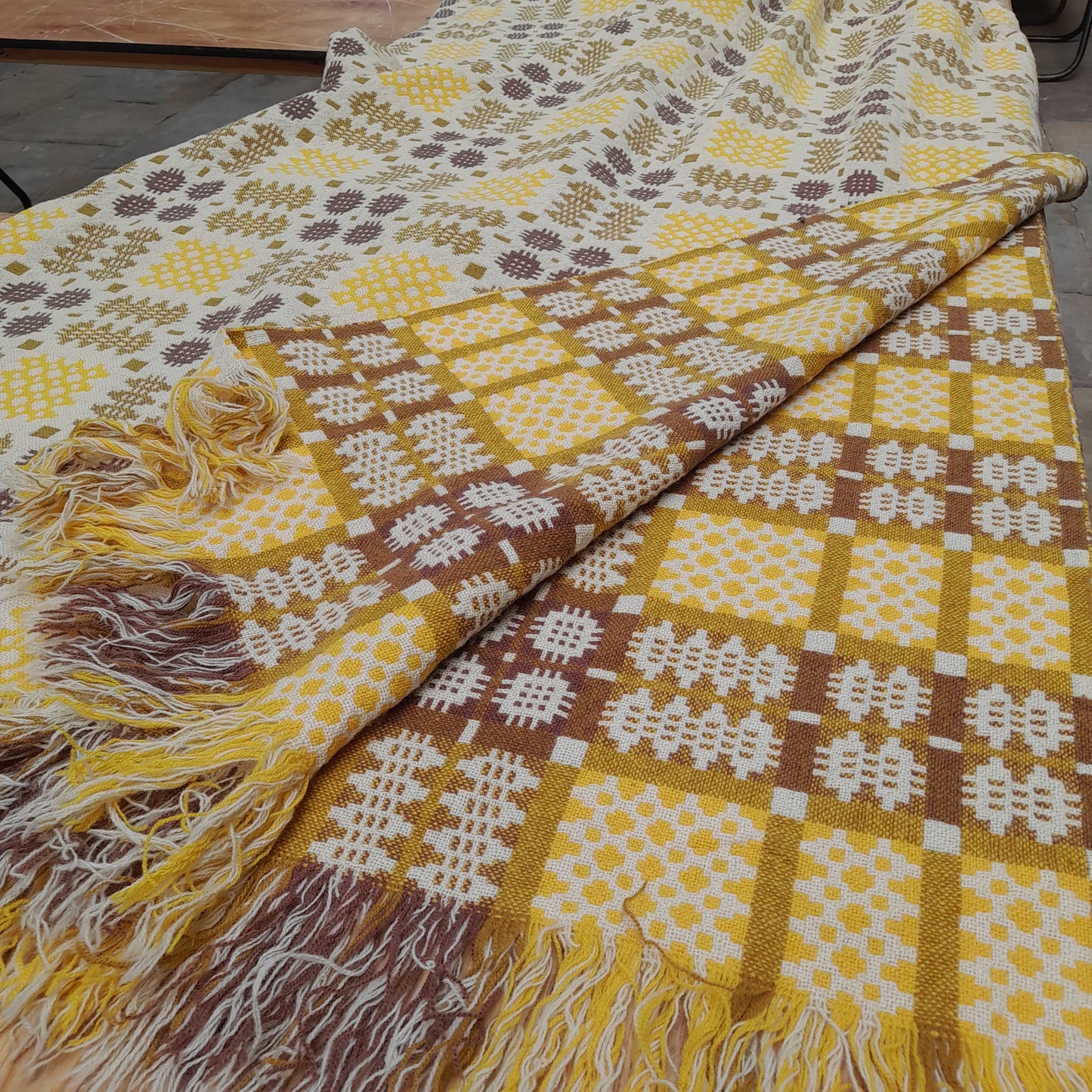 Vintage Welsh Tapestry Blanket in Daffodil Yellow, Brown on Cream King Size