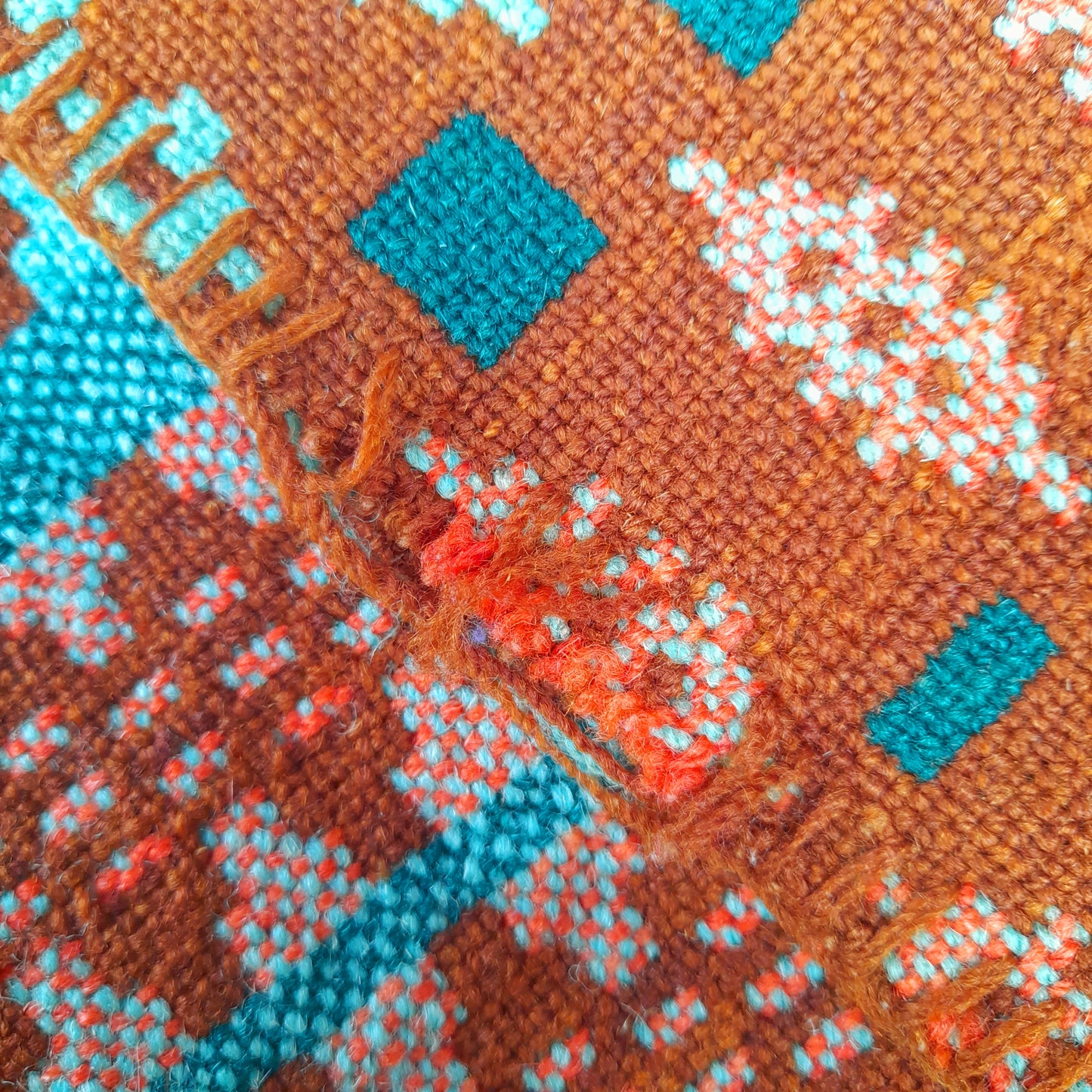 Early Antique Handmade Welsh Wool Tapestry Blanket in Teal Green, Orange Red & Terracotta