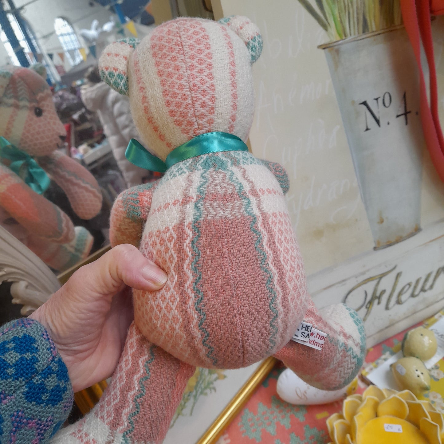 Handmade Welsh Blanket Teddy Bear in Peach Cream & Green