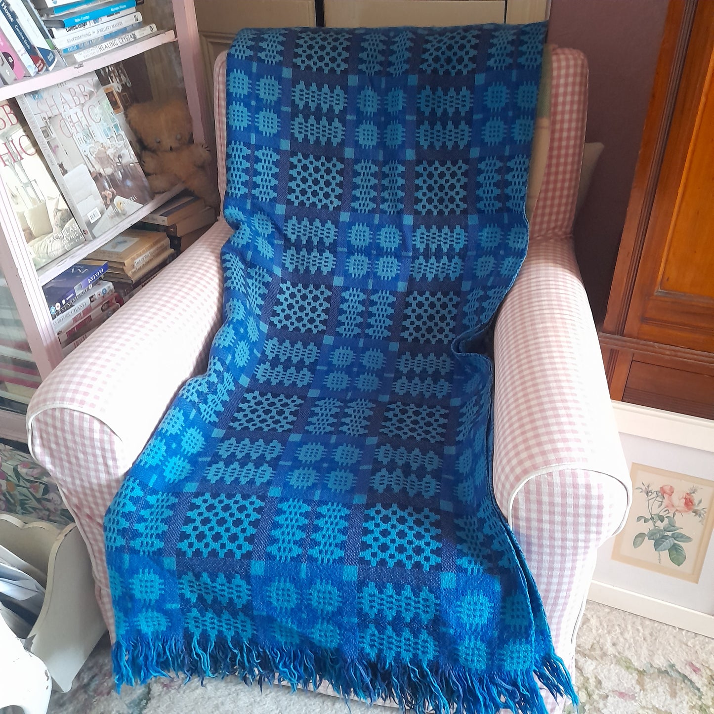Vintage Welsh Tapestry Blanket in Vibrant Blues & A Pop of Purple