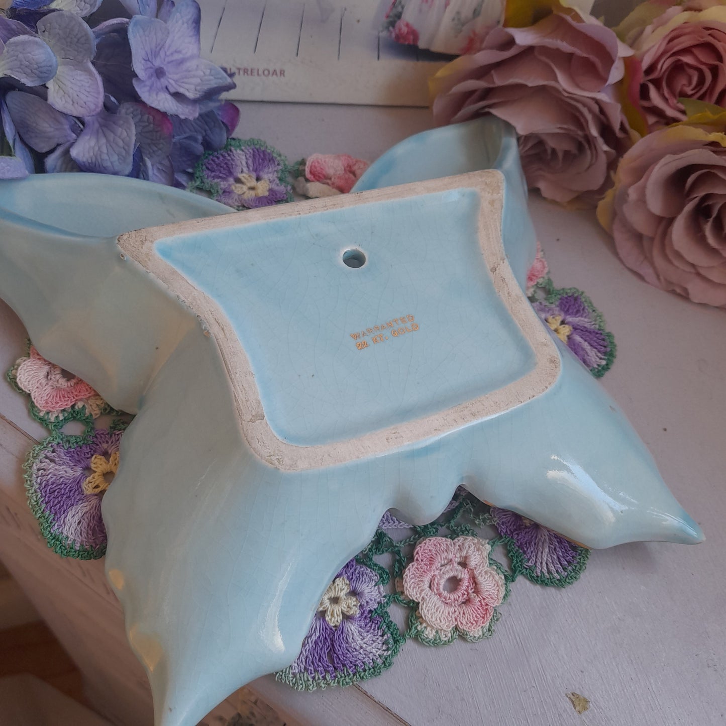 Art Deco Butterfly Wall Pocket Vase 22 kt Duck Egg Blue & Gold