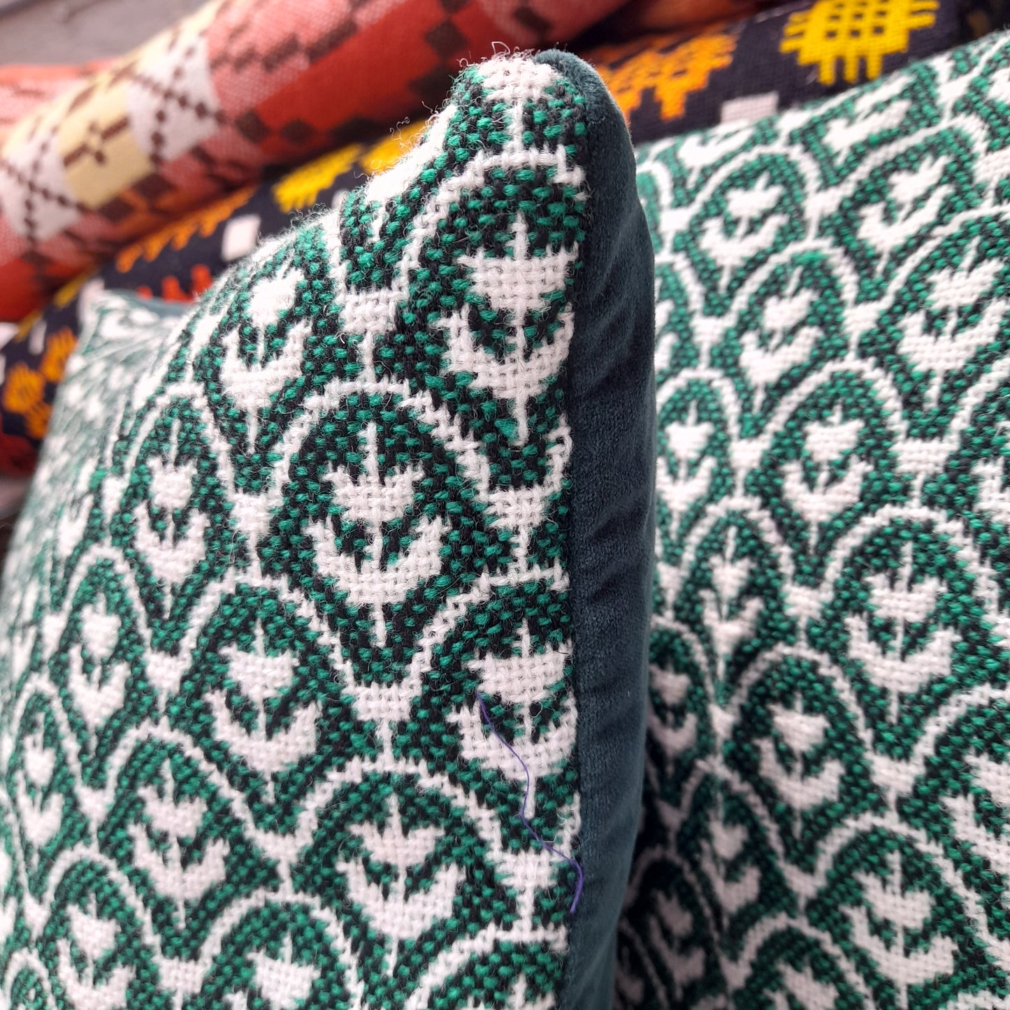 PAIR of Cushions in Emerald Green, Black & White Made From Vintage Welsh Tapestry 'Tulip' Fabric by Brynkir Woollen Mill 18"