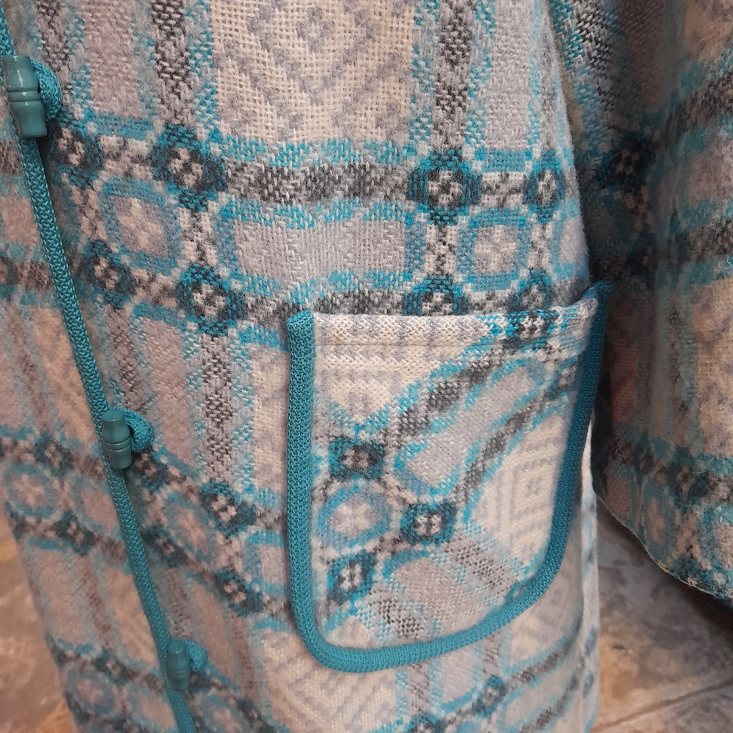 Vintage Welsh Tapestry Full Length Hooded Duffle Coat in Grey With Pop of Turquoise
