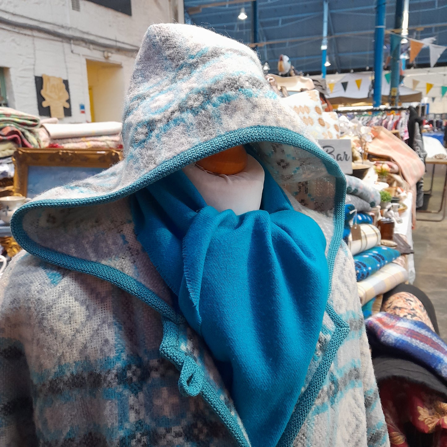 Vintage Welsh Tapestry Full Length Hooded Duffle Coat in Grey With Pop of Turquoise