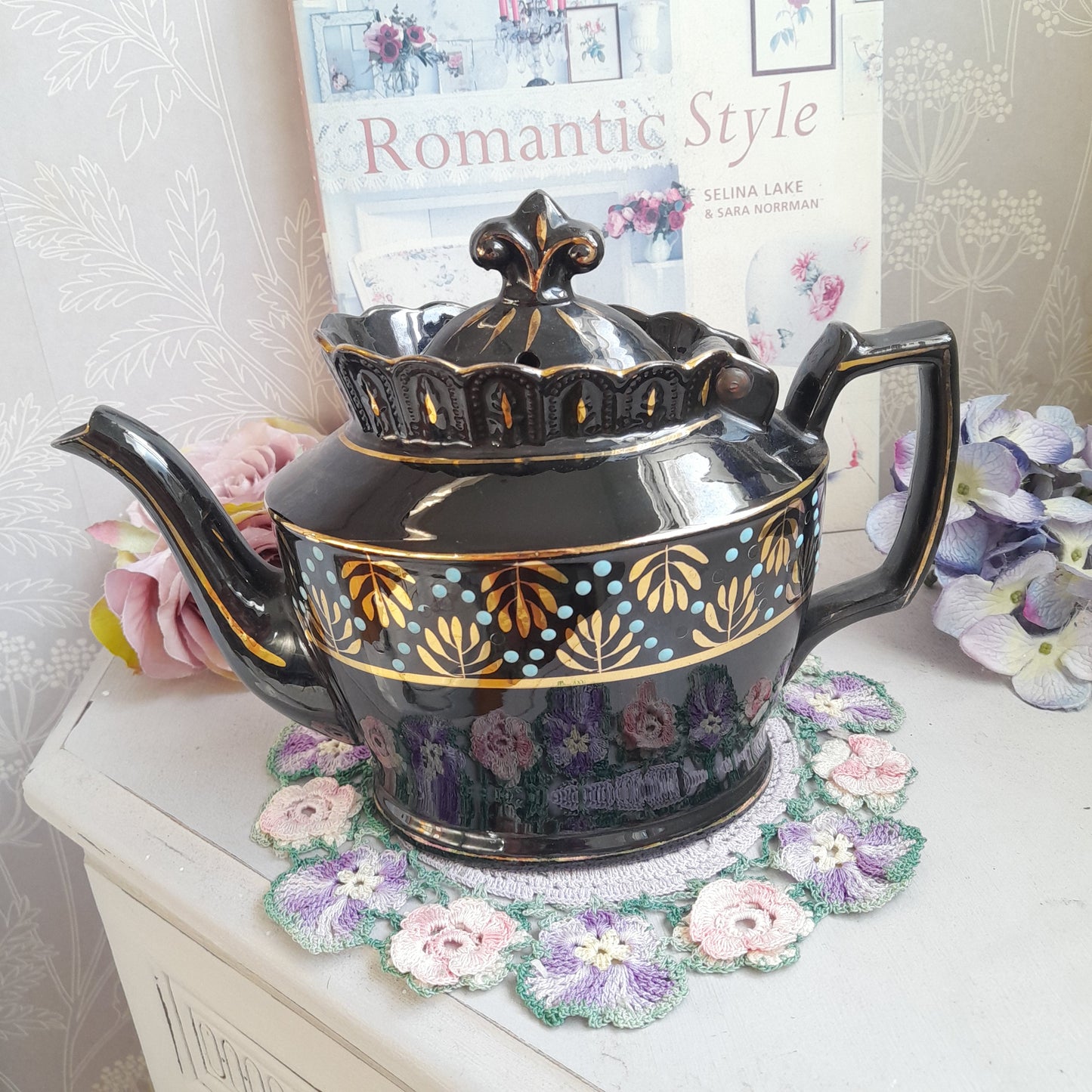 Antique Victorian Jackfield Black Handpainted Jet Ware Teapot With Hinged Lid Unused