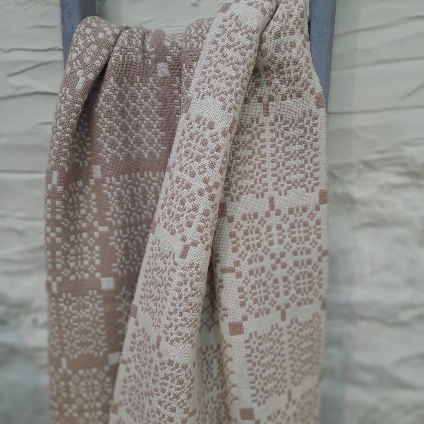 Vintage Welsh Tapestry Blanket in Taupe & Cream in Melin Tregwynt 'Knot Garden' Design