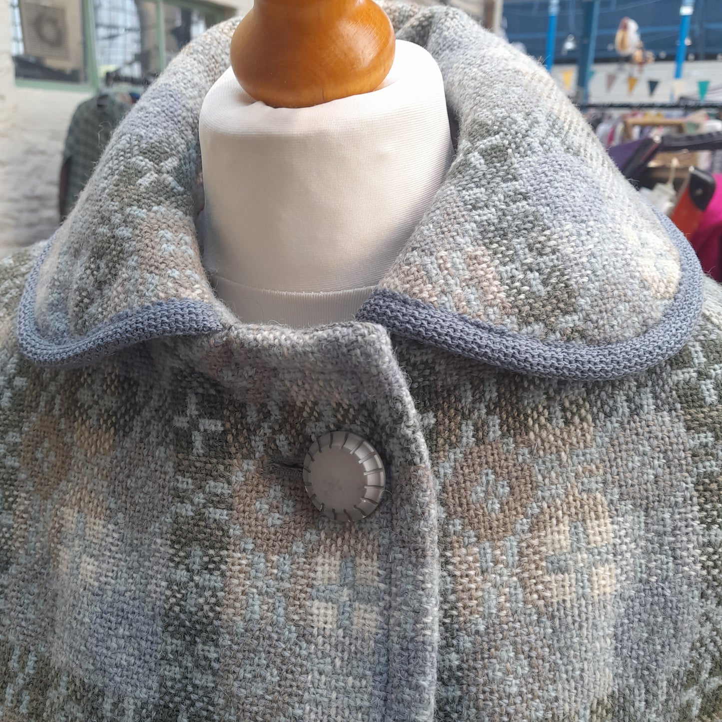 Vintage Welsh Tapestry Pea Coat in Pale Blue Grey Green & Cream by Trefriw Woollen Mill BNWT Size 12