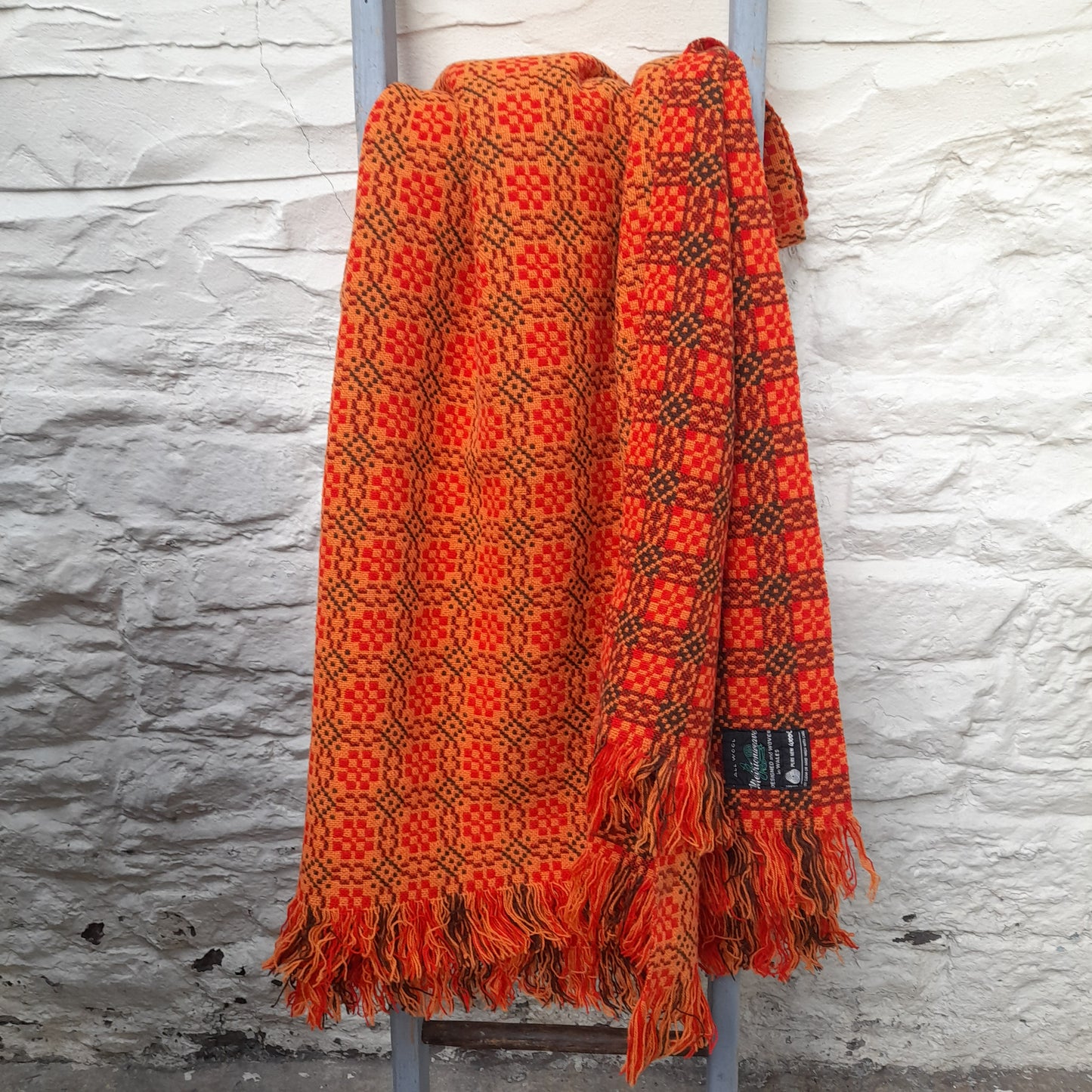 Vintage Welsh Tapestry Blanket in Bright Orange Brown & Gold by Meirion Mill