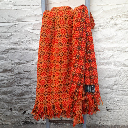 Vintage Welsh Tapestry Blanket in Bright Orange Brown & Gold by Meirion Mill