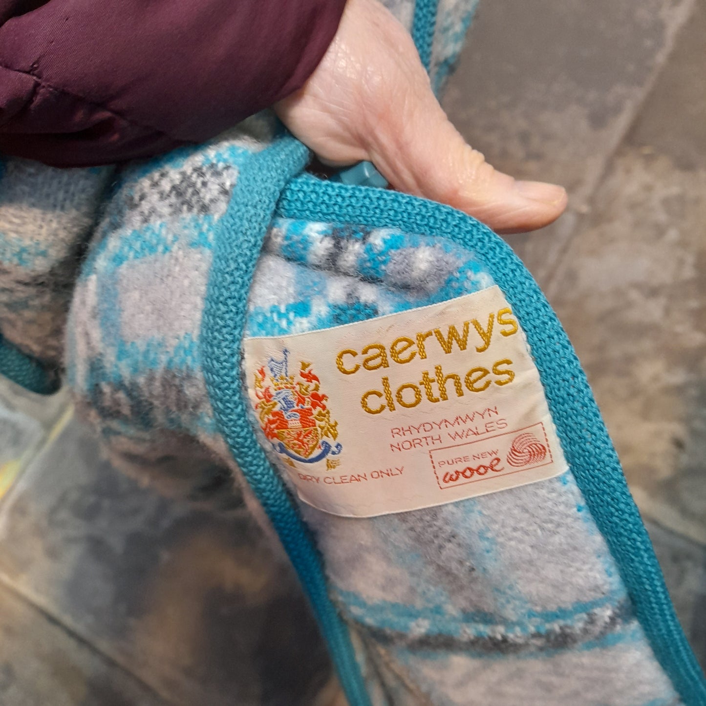 Vintage Welsh Tapestry Full Length Hooded Duffle Coat in Grey With Pop of Turquoise