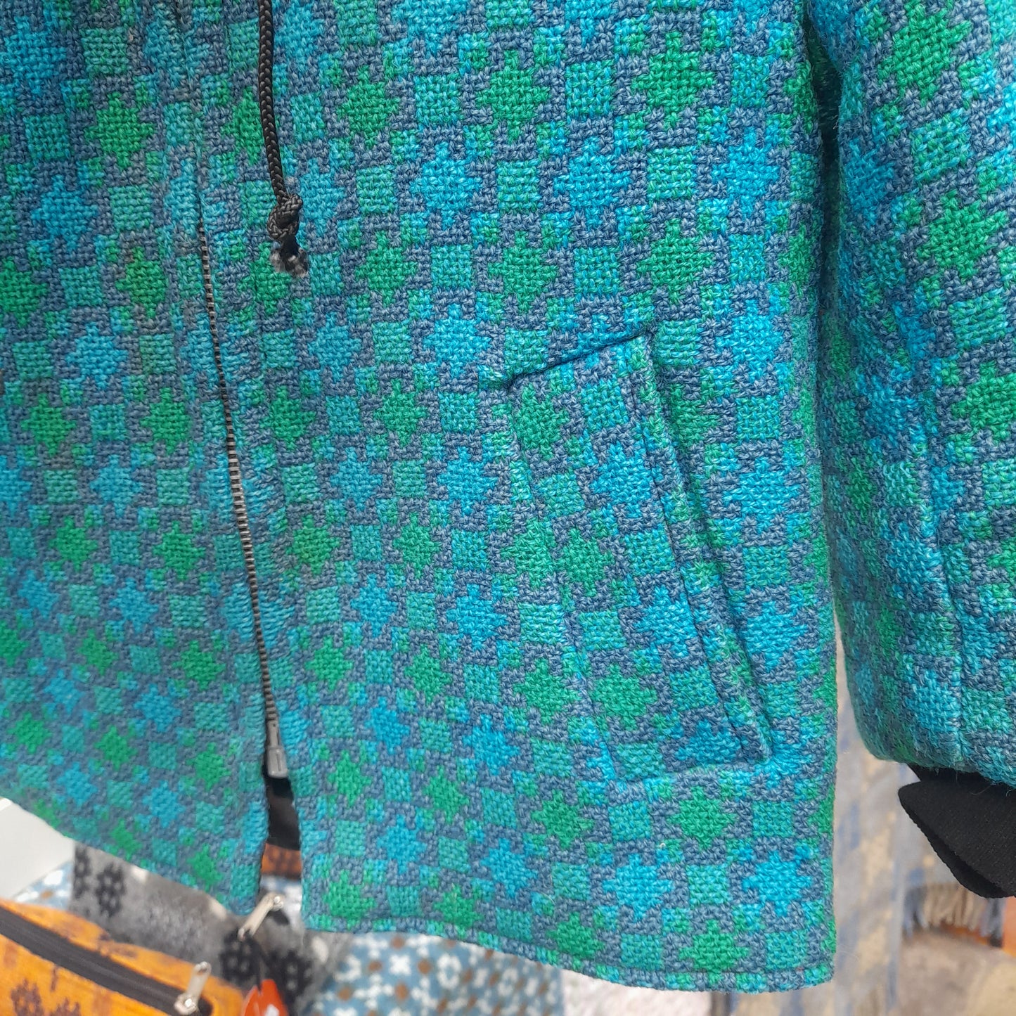 Vintage Child's Welsh Tapestry Coat With Hood in Teal Age 2/3 yrs