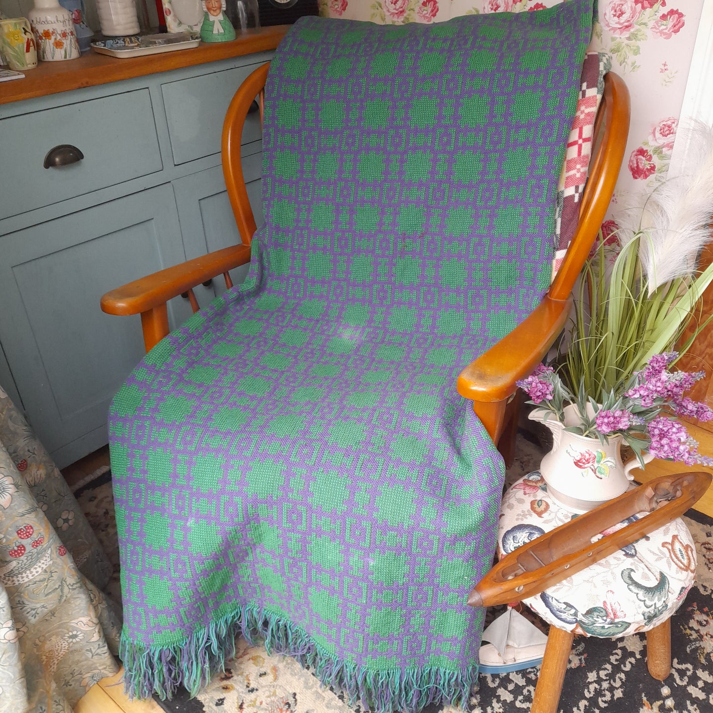 RARE Vintage Welsh Tapestry Blanket in Bright Green & Purple Woven by Arthur Morus Dolwerdd Mill