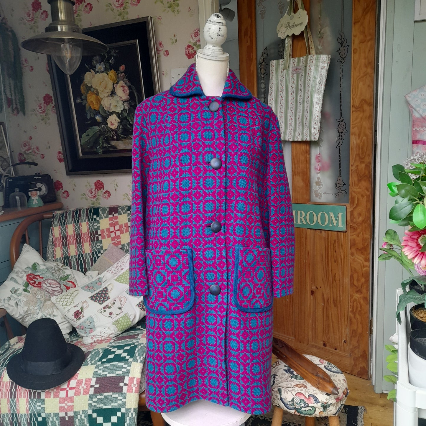 Vintage Welsh Tapestry Long Coat in Bright Pink & Turquoise
