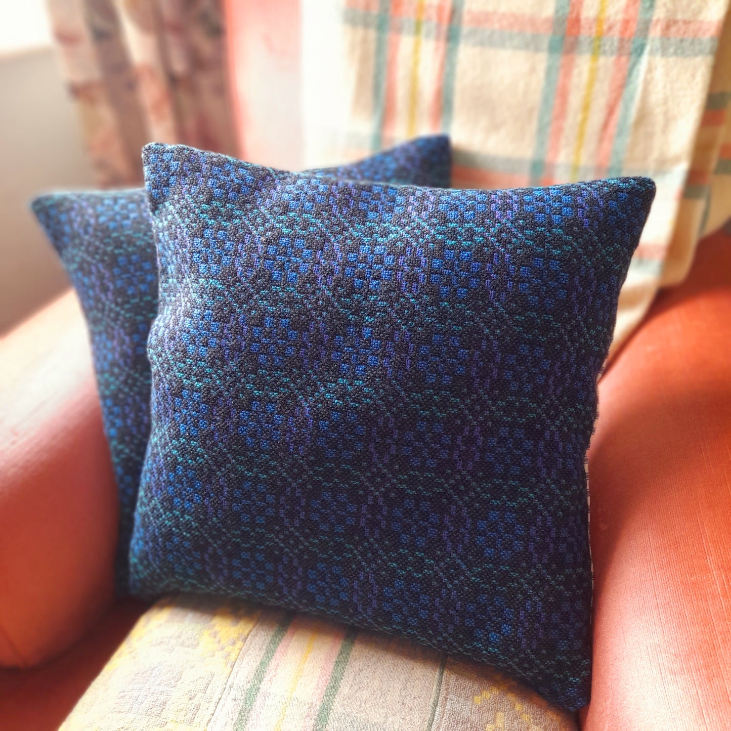PAIR Handmade Cushions Made From Vintage Welsh Tapestry Fabric in Navy Blue, Green & Black 18"