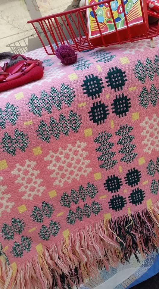 Vintage Welsh Tapestry Blanket in Pink Green & White With a Pop of Yellow by Elfed Woollen Mill