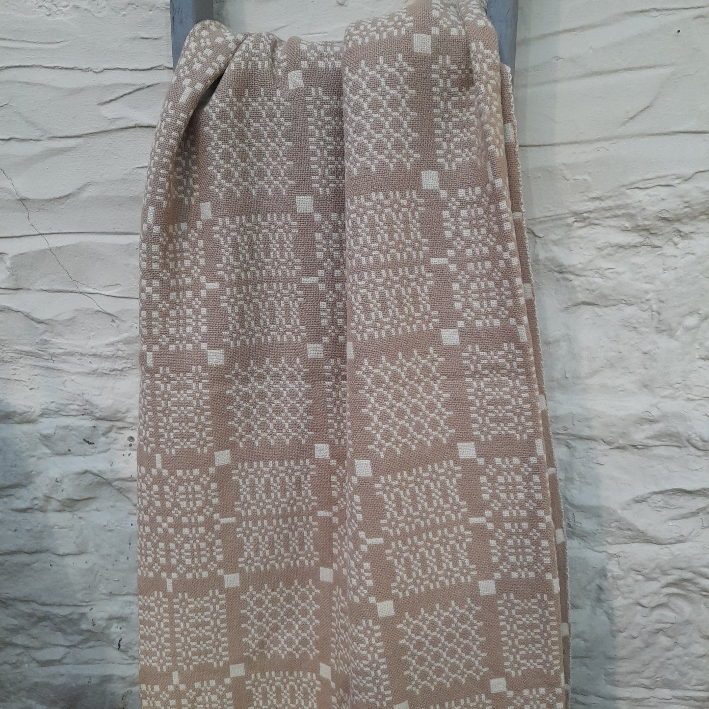 Vintage Welsh Tapestry Blanket in Taupe & Cream in Melin Tregwynt 'Knot Garden' Design