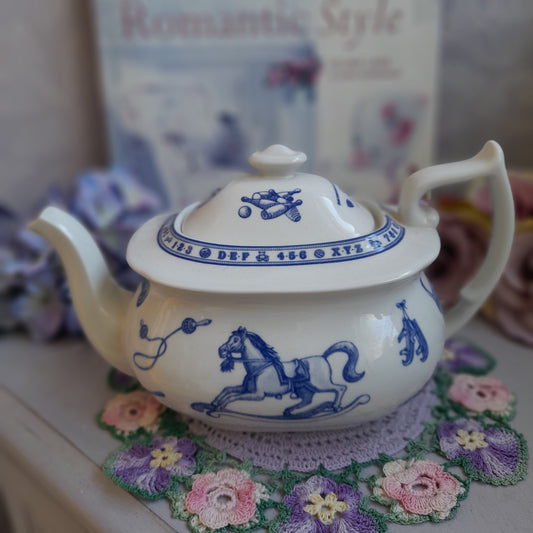 Spode Edwardian Childhood Blue & White Teapot With Rocking Horse Nursery Design