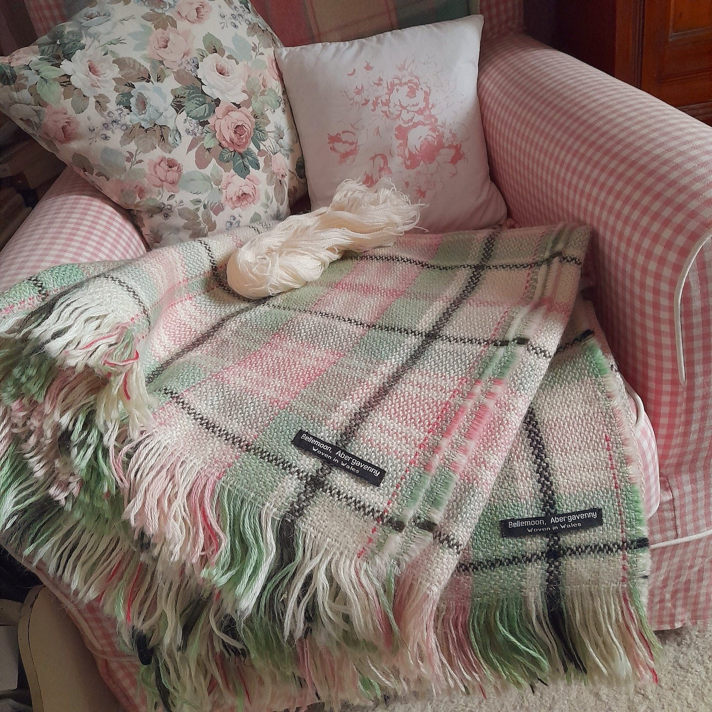 PAIR Hand Woven Welsh Blankets in Pale Sage Green, Rose Pink on a Cream Background with Liquorice Stripe