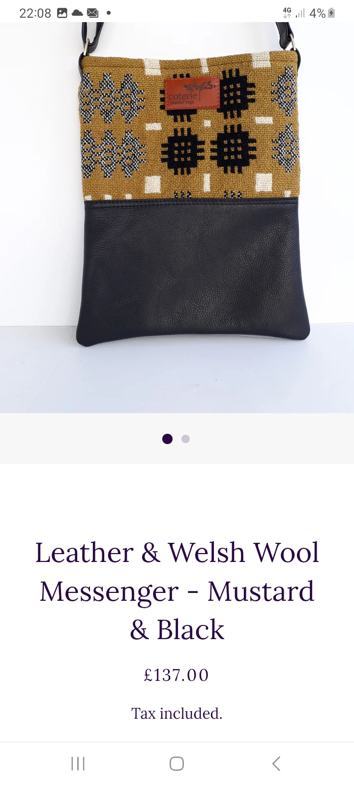 Handmade Coterie Leather Cross Body Handbag Made With Mustard & Black Vintage Welsh Wool Tapestry BNWT RRP £137