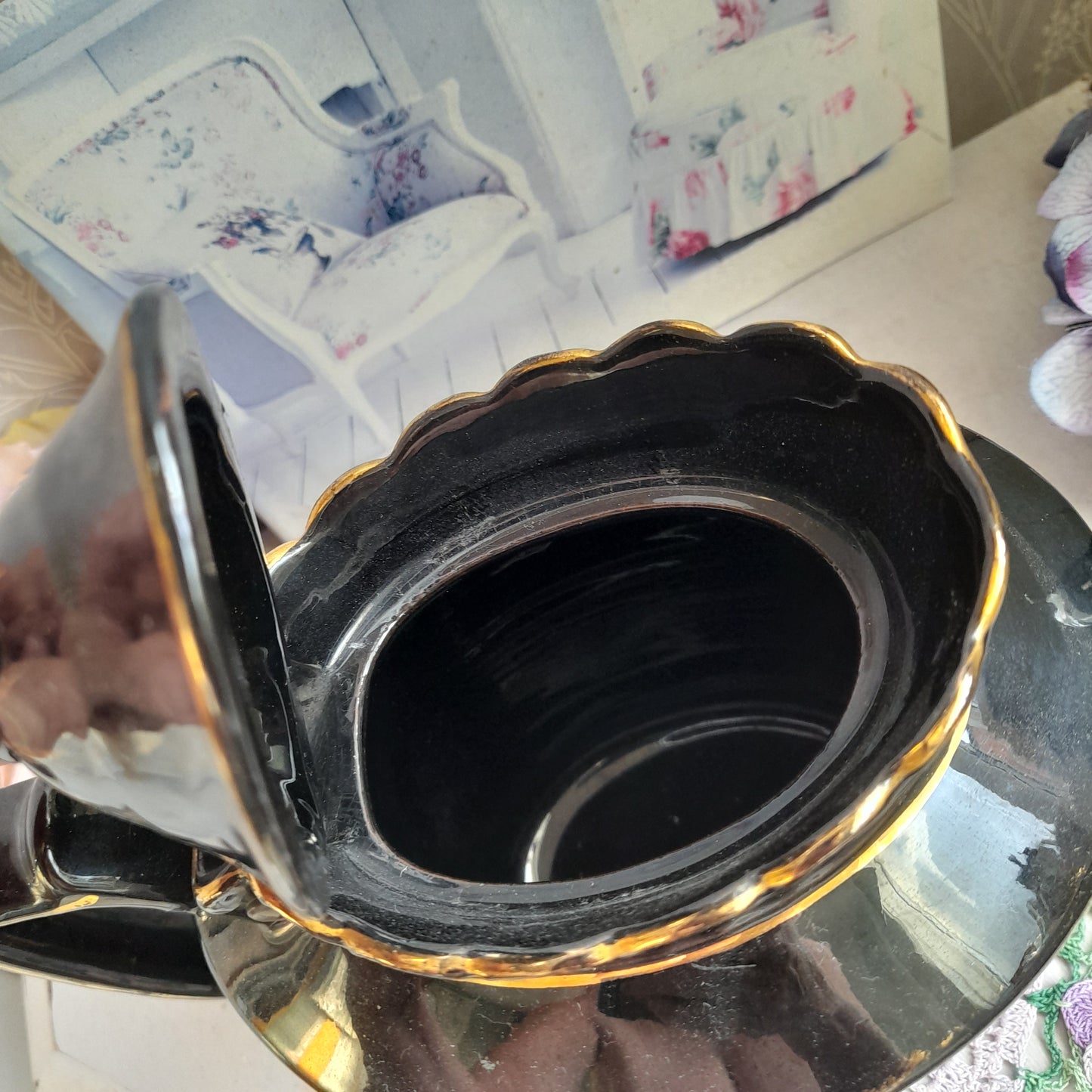 Antique Victorian Jackfield Black Handpainted Jet Ware Teapot With Hinged Lid Unused