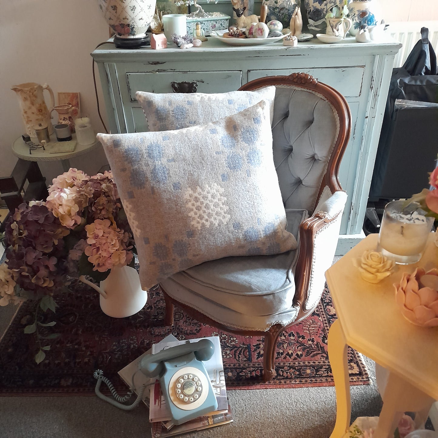 Pair of Welsh Tapestry Blanket Cushions in Pale Blue Grey & White Limited Edition 20"