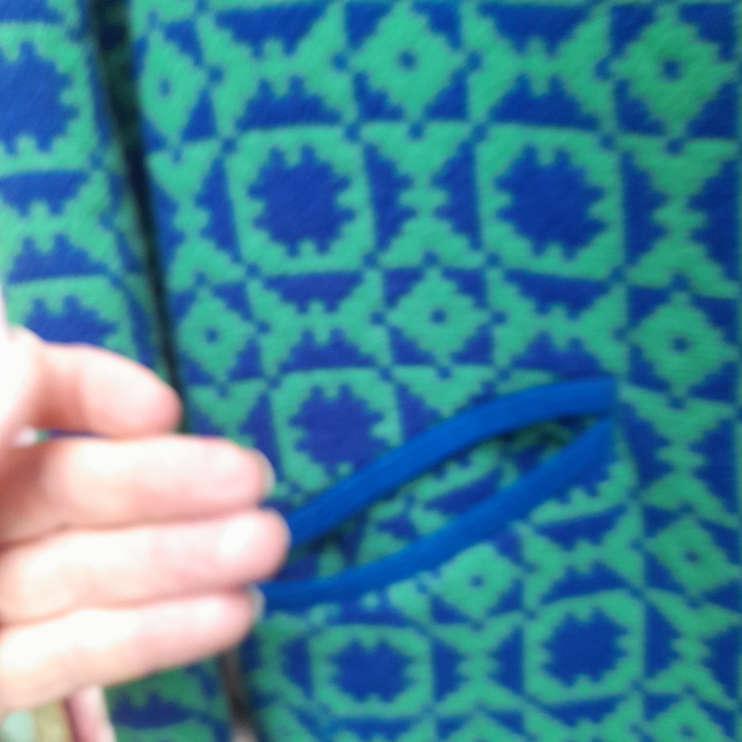Vintage Welsh Tapestry Coat in Emerald Green & Cobalt Blue 16/18