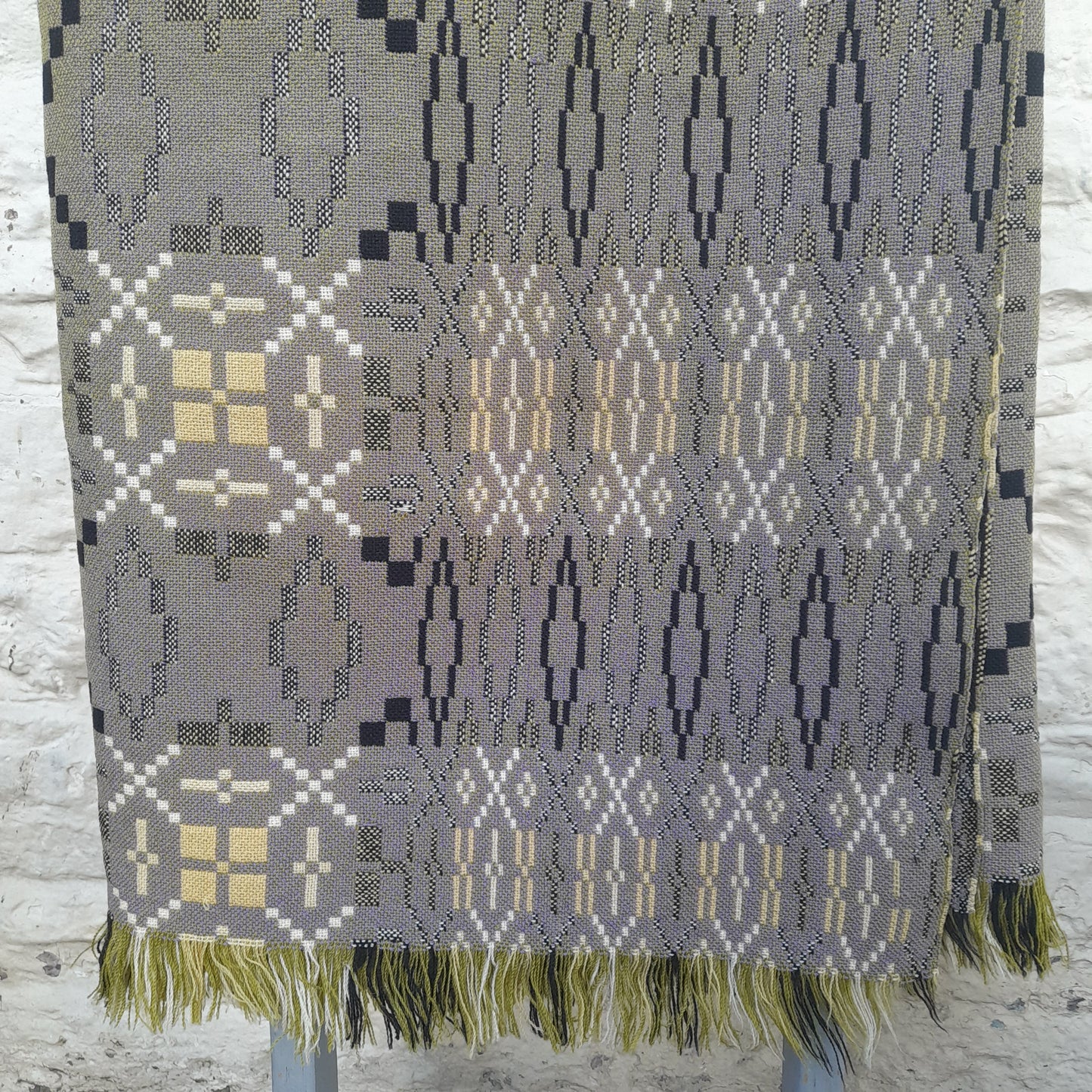 RARE Vintage Welsh Tapestry Blanket in Unusual Green, Lilac & Black Looks Grey King Size