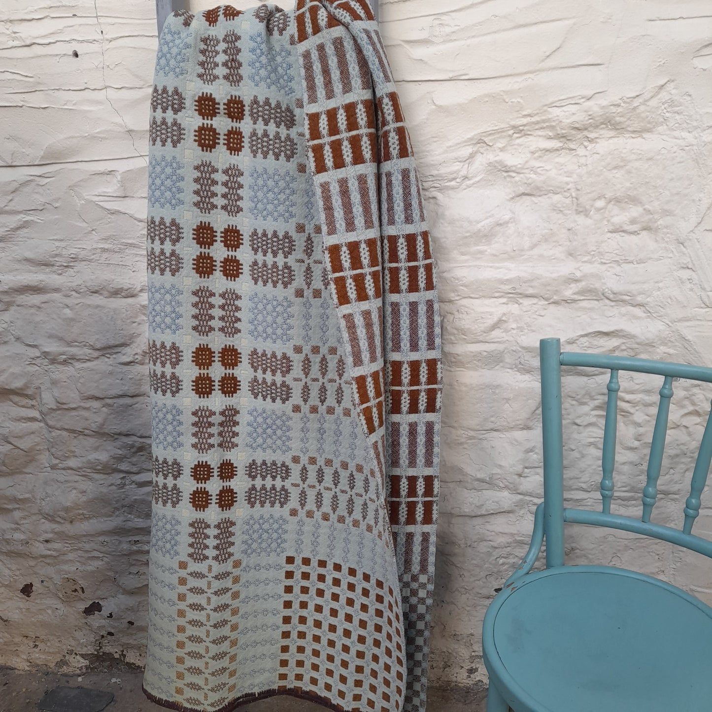 RARE Early Antique Welsh Tapestry Blanket in Grey Blue & Brown