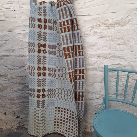 RARE Early Antique Welsh Tapestry Blanket in Grey Blue & Brown