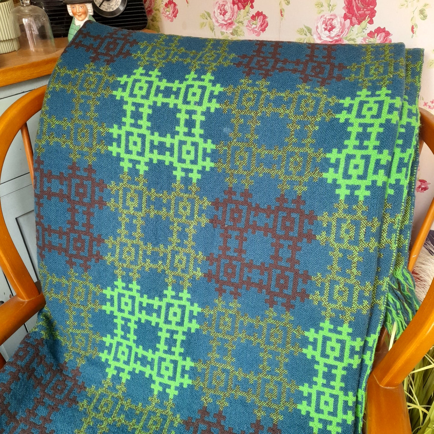 Rare Vintage Welsh Tapestry Blanket in Teal & Lime Green by Arthur Morus at Dolwerdd Mill