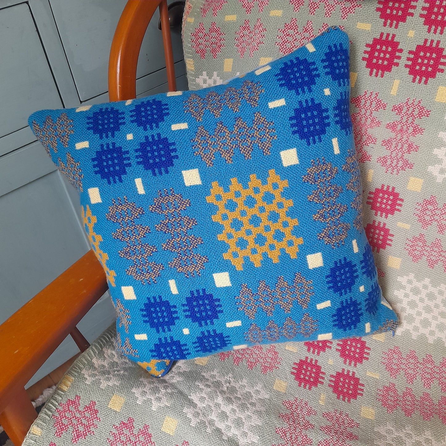 Handmade Welsh Blanket Cushion in Blue & Mustard Yellow 18"