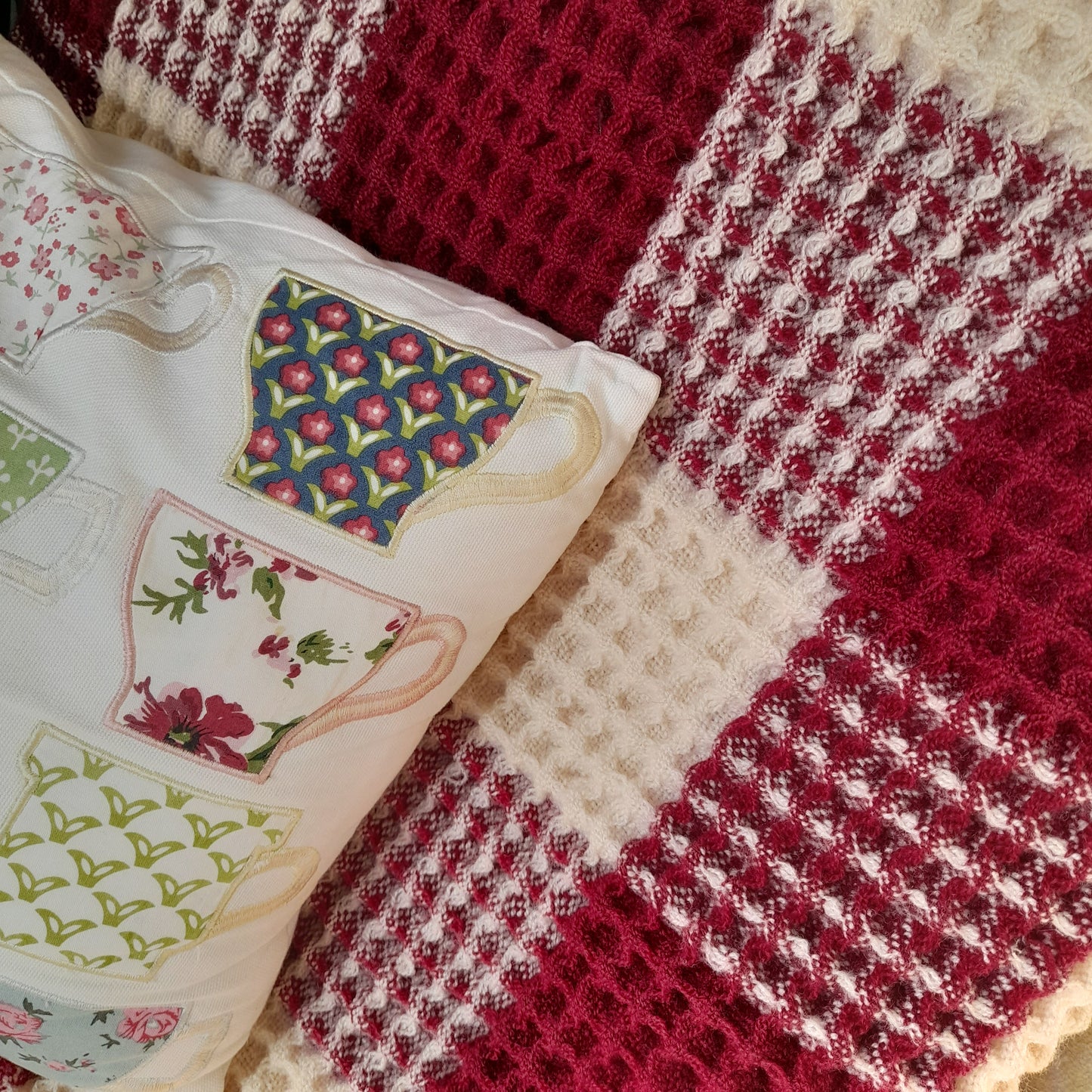Vintage Welsh Wool Waffle Honeycomb Blanket Burgundy & Cream Check