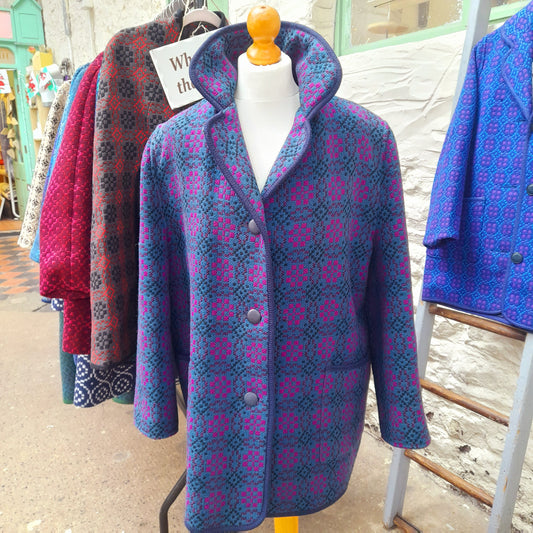 Vintage Welsh Wool Tapestry Pea Coat in Blue & Pink Large Size 18