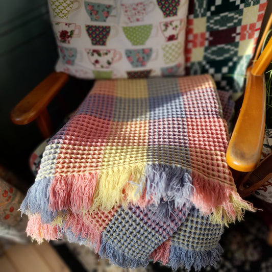 Vintage Welsh Wool Waffle Honeycomb Blanket in Rainbow Pastels Pink Blue & Lemon Check