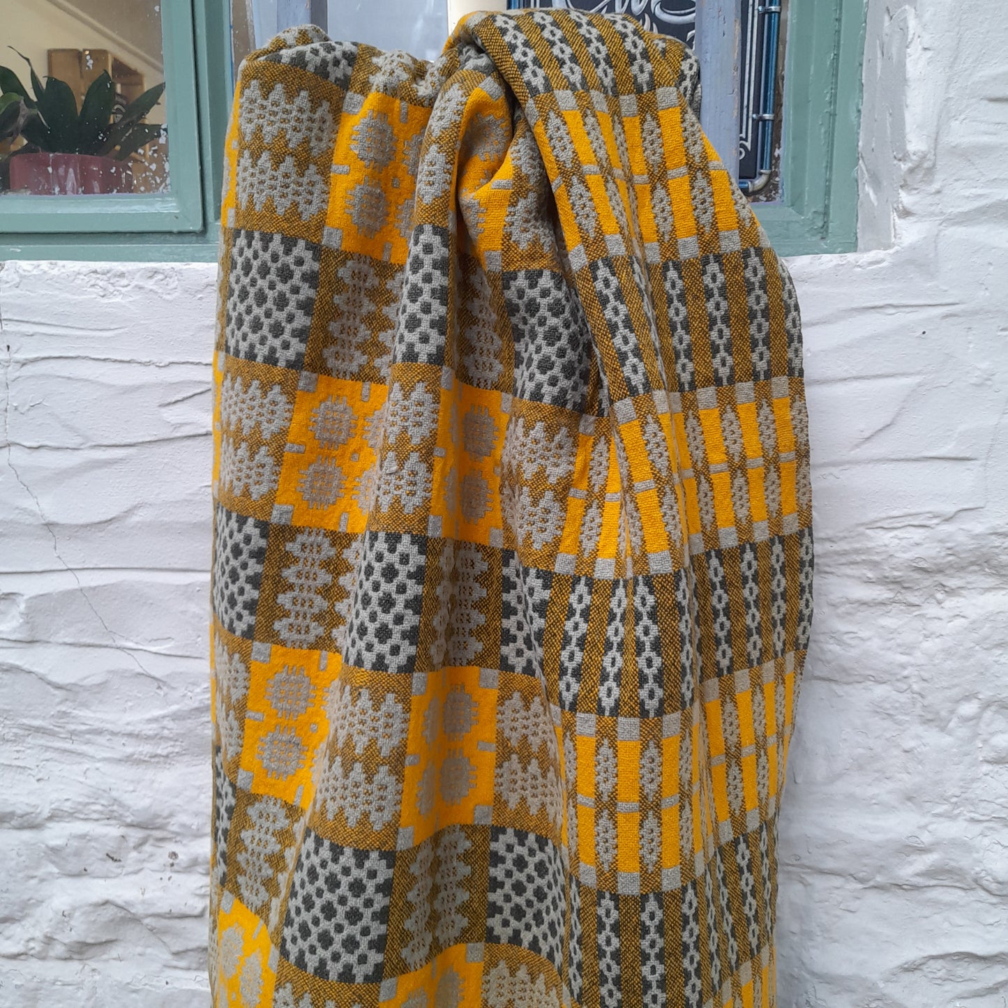 Antique Handmade Welsh Wool Tapestry Blanket in Sage Green & Orange