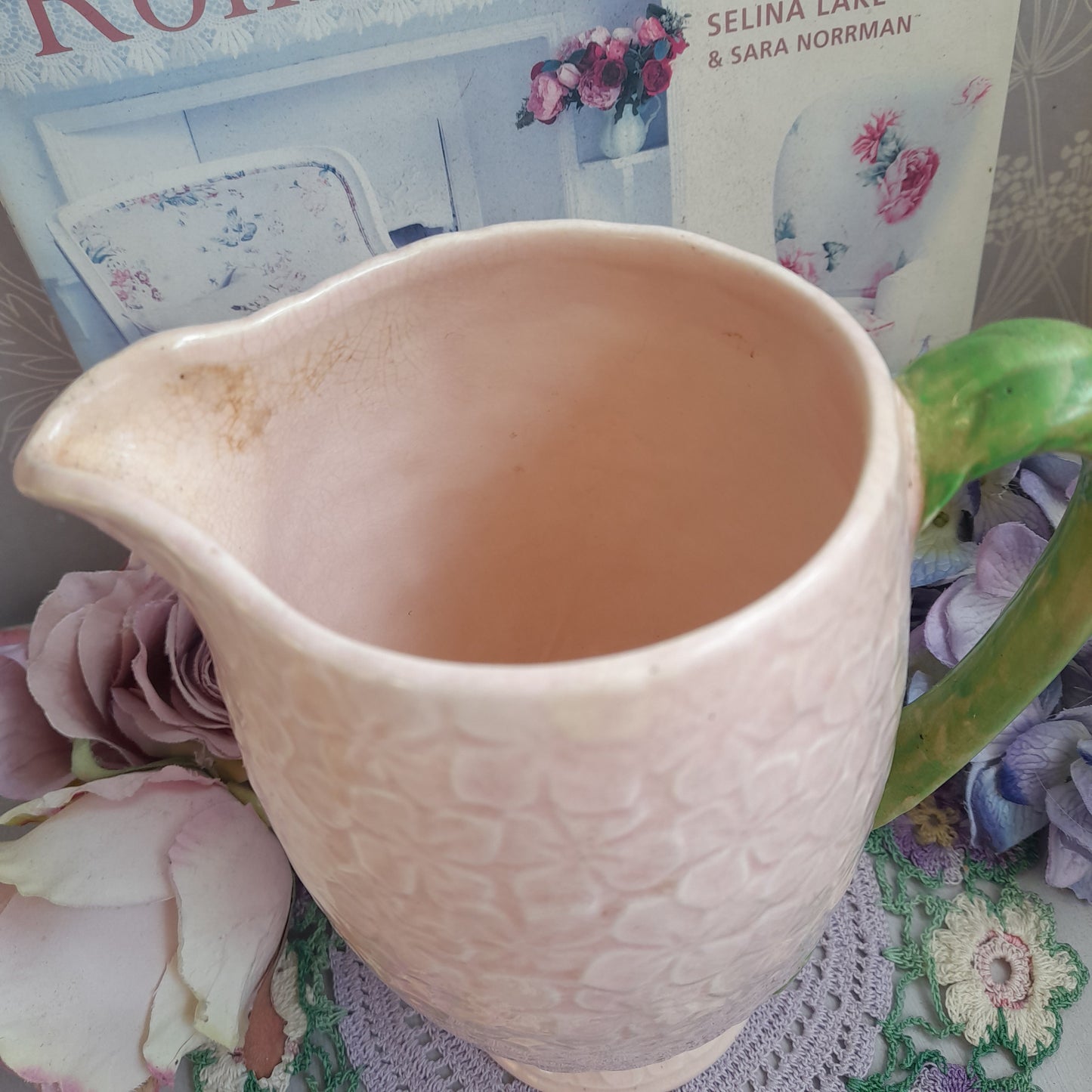 Art Deco Falcon Ware Pink Hydrangea Ceramic Jug Decorative Pitcher With Green Handle