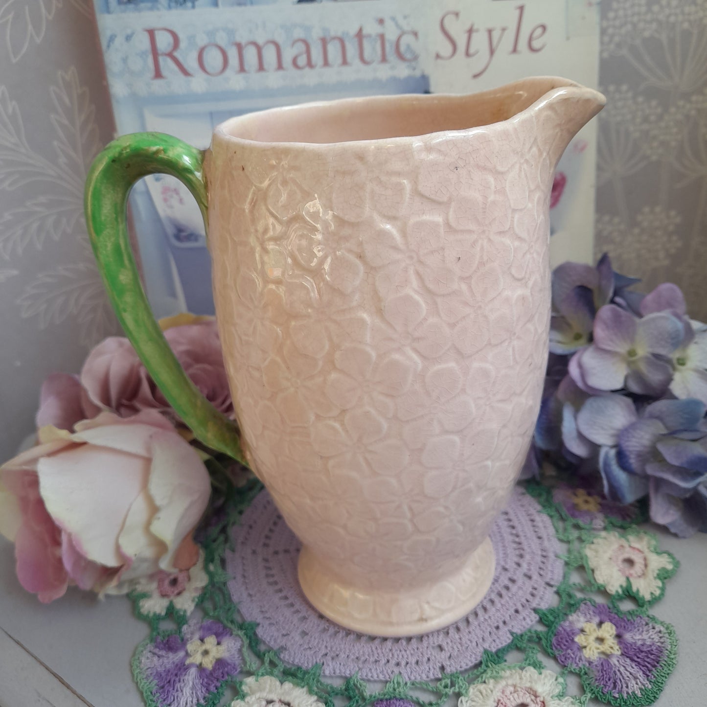Art Deco Falcon Ware Pink Hydrangea Ceramic Jug Decorative Pitcher With Green Handle