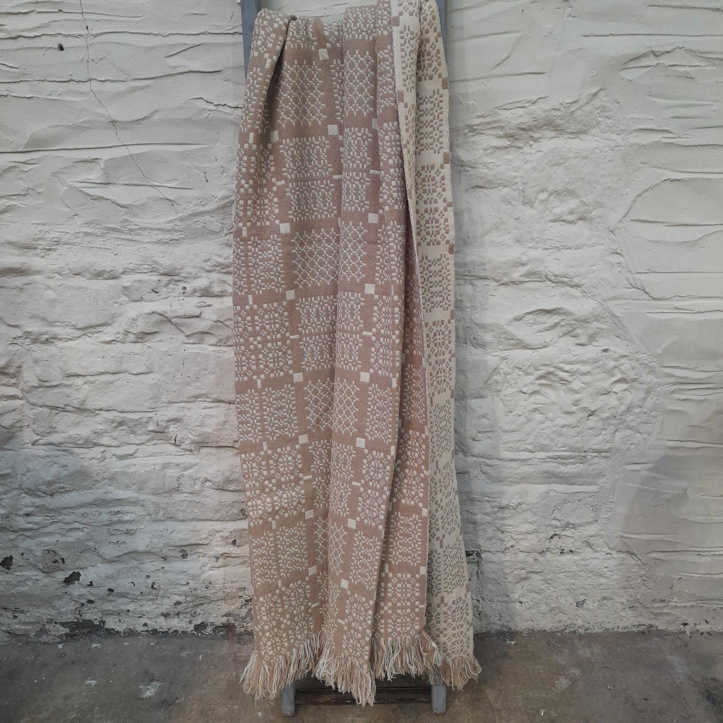 Vintage Welsh Tapestry Blanket in Taupe & Cream in Melin Tregwynt 'Knot Garden' Design