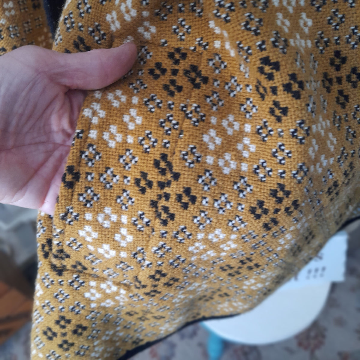 Vintage Welsh Tapestry Cape/Poncho in Mustard, Black & Cream Size 12/14