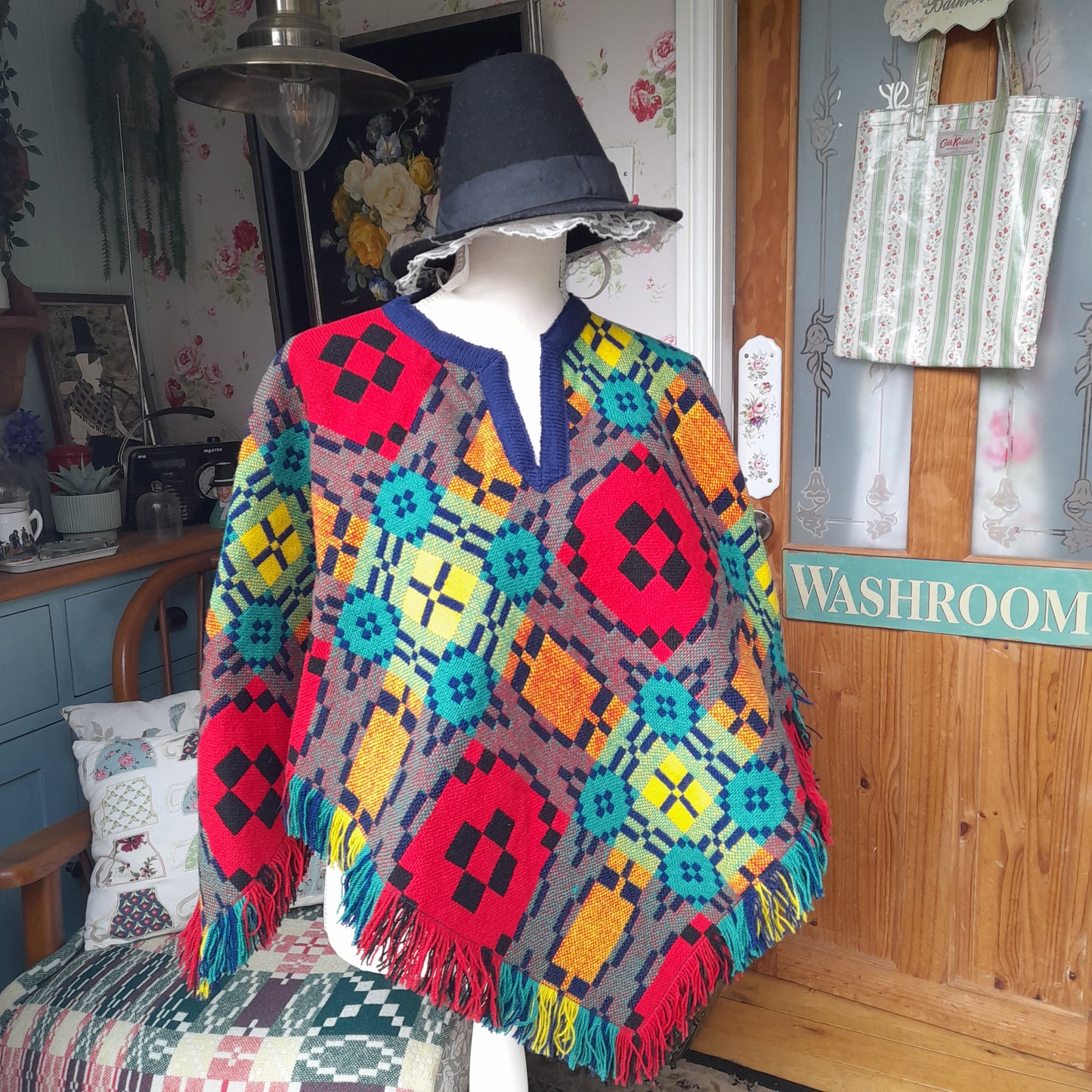 Vintage Welsh Tapestry Poncho by Trefriw Woollen Mill Navy Multicolour Reversible