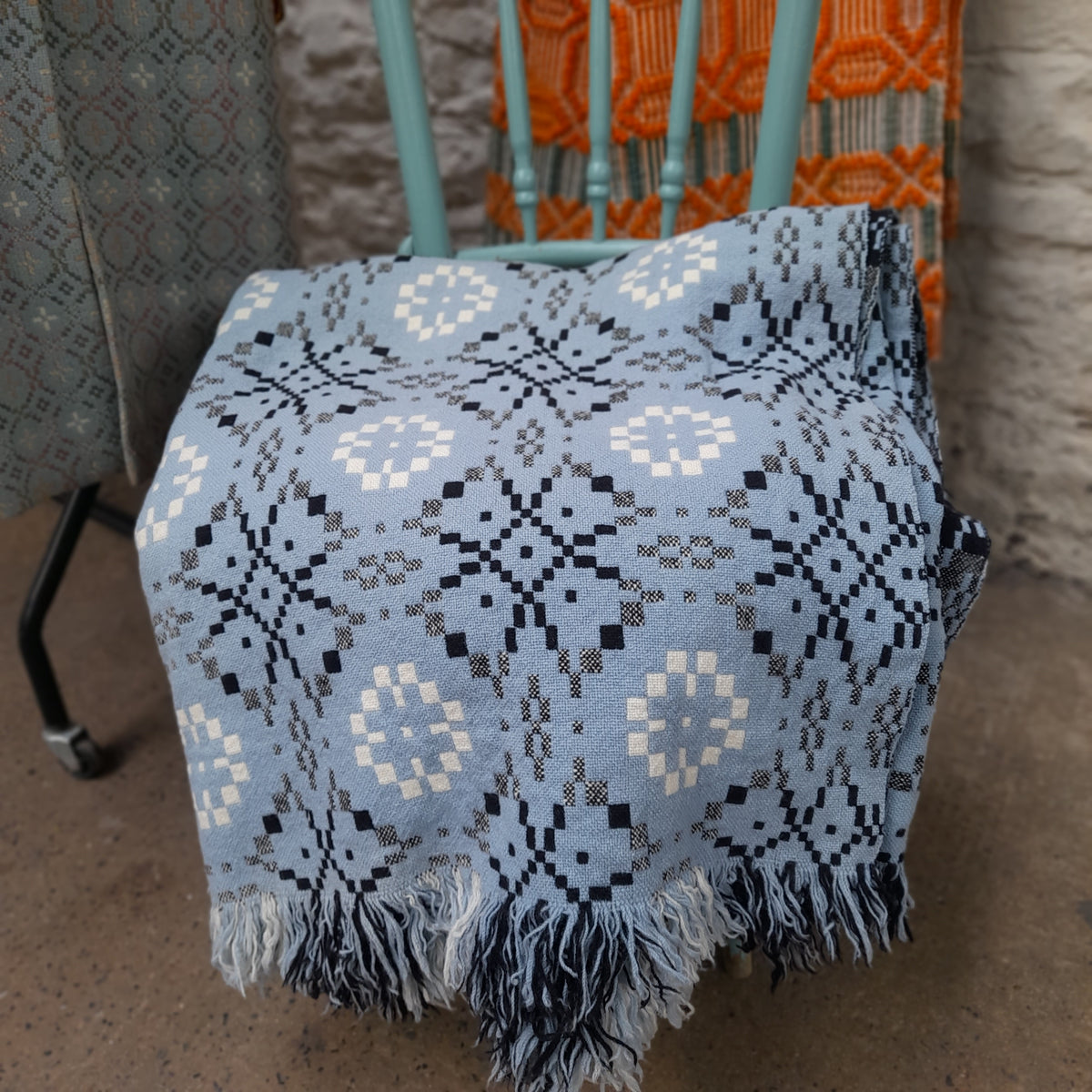 Rare Vintage Welsh Tapestry Blanket in Wedgwood Blue, White & Black King Size