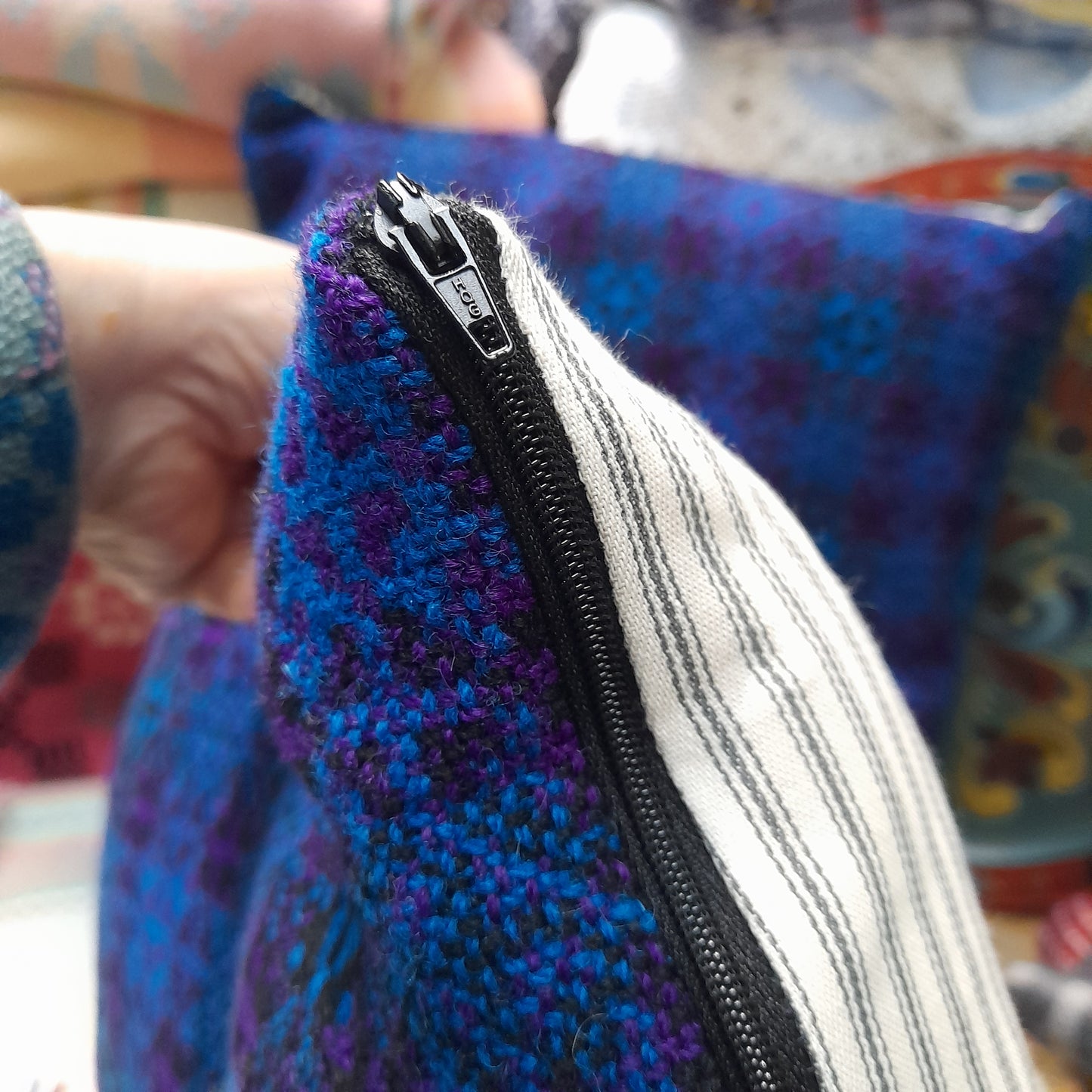PAIR Handmade Cushions Made From Vintage Welsh Tapestry Fabric in Bright Blue, Purple & Black 18"