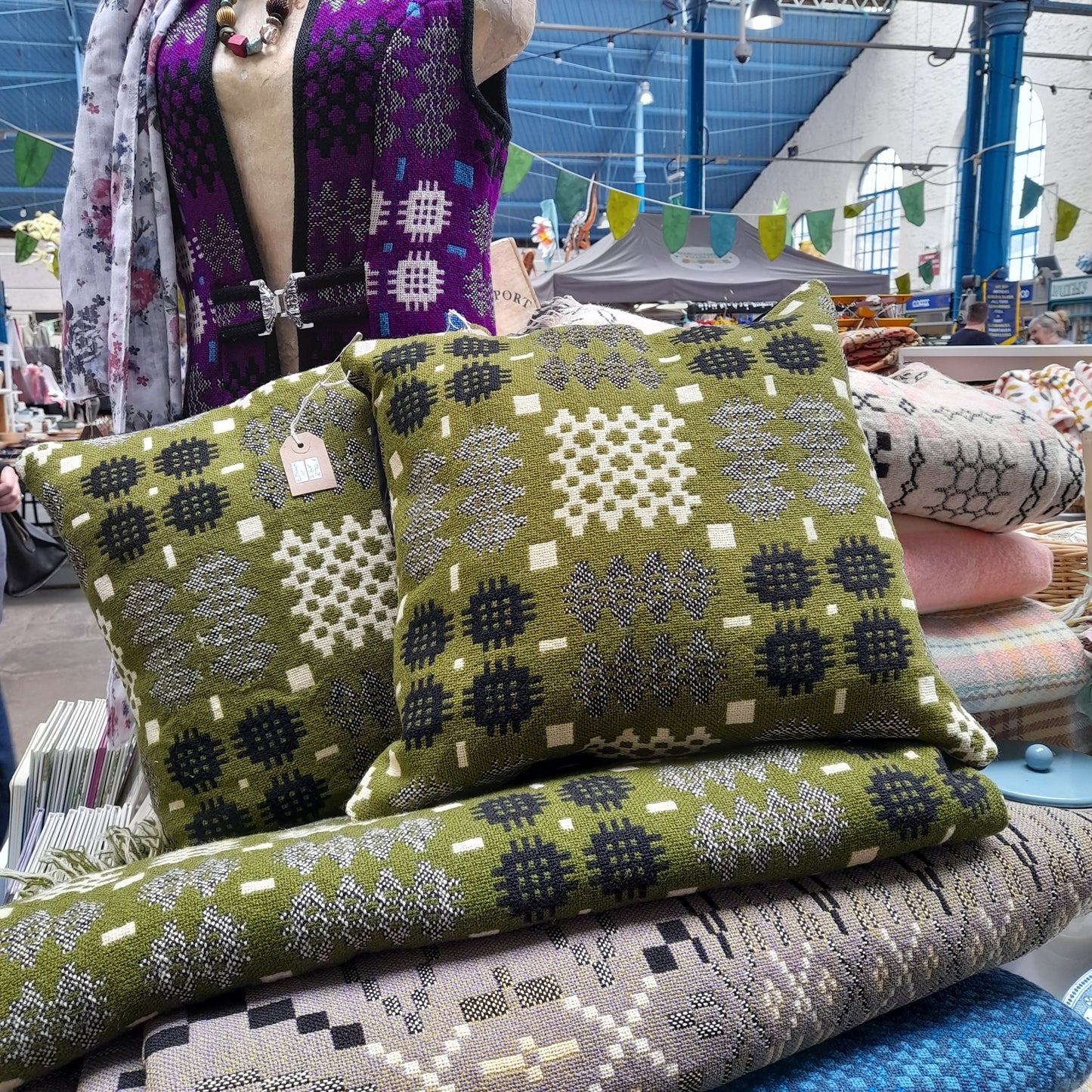 PAIR Of Handmade Welsh Blanket Cushions in Dark Green, Black & White 18"
