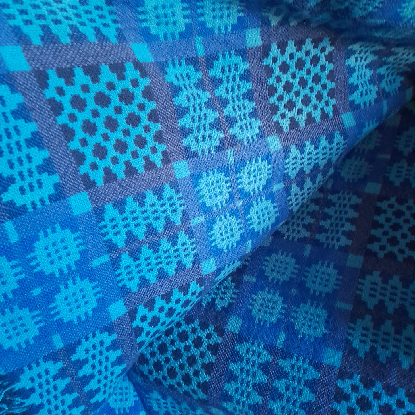 Vintage Welsh Tapestry Blanket in Vibrant Blues & A Pop of Purple