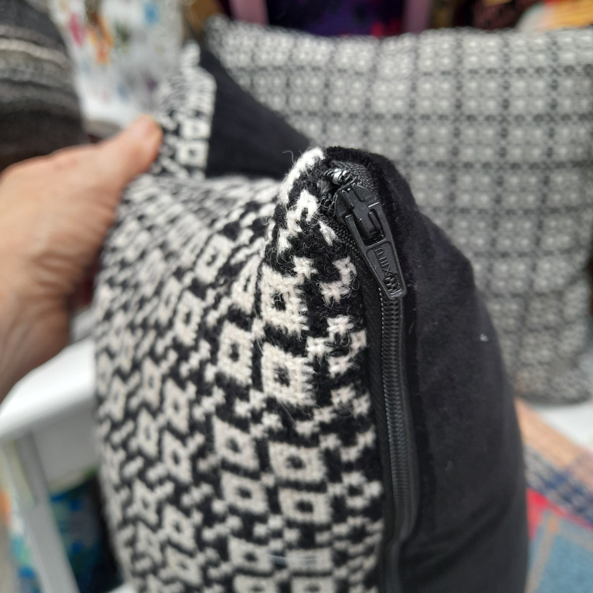 PAIR of Welsh Tapestry Cushions in Monochrome Black & White 18"